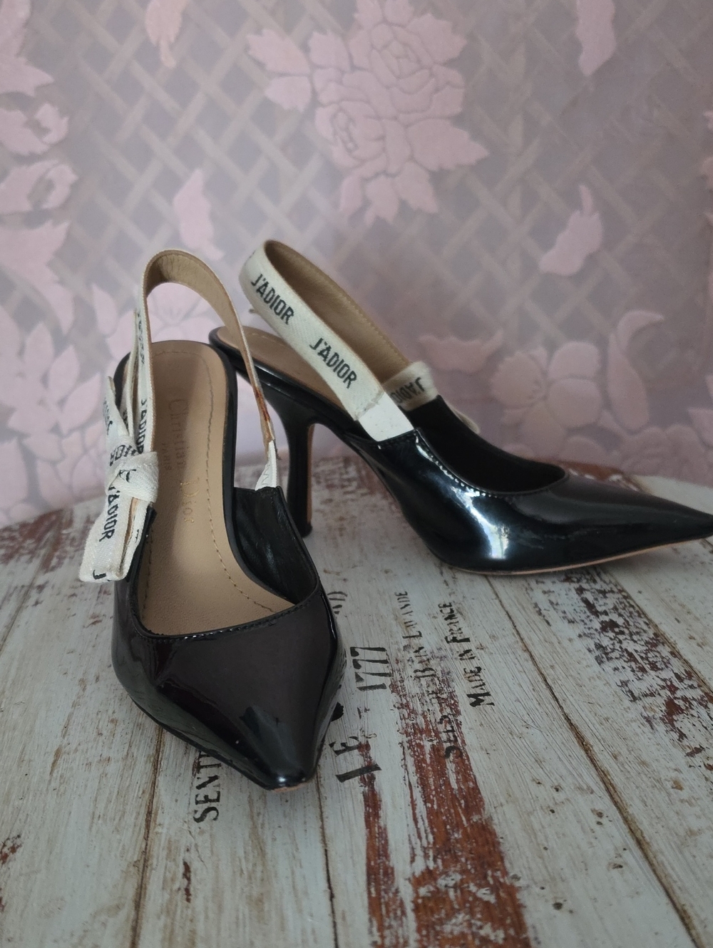 Dior Black Patent Leather Slingback Pumps with J'Adior Strap